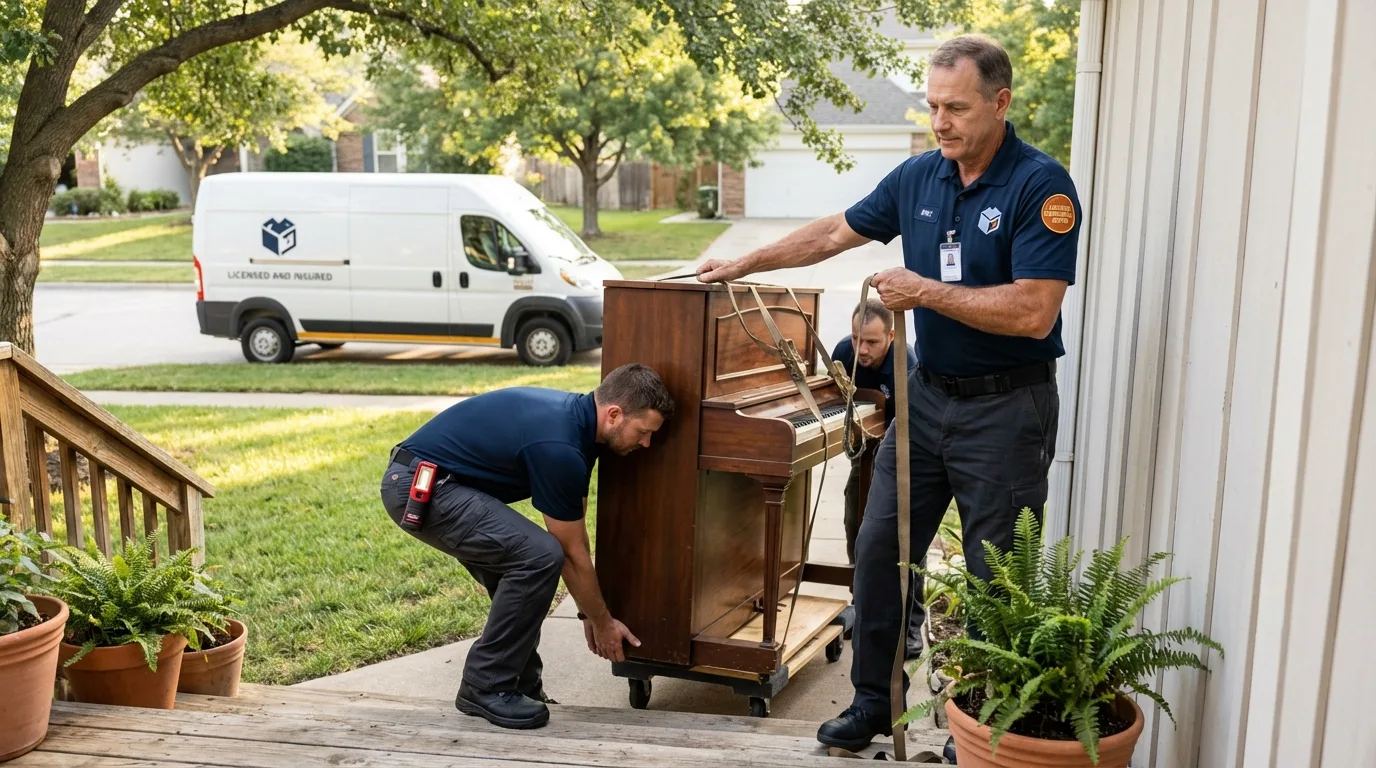 Licensed piano movers securing grand piano in Boston, MA
