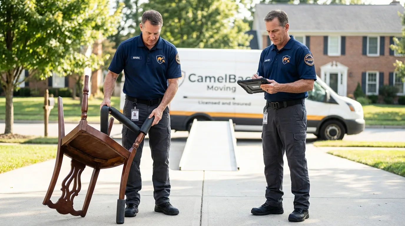 Movers inspecting furniture for damage prevention before loading in Boston, MA